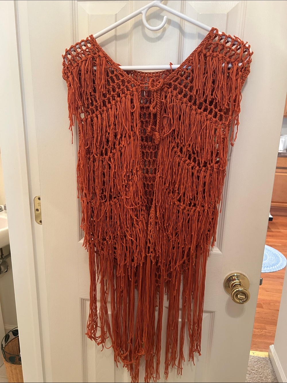 Source Unknown Burnt Orange Crocheted Fringe Vest